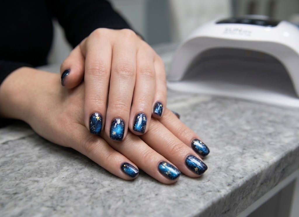 Blue galaxy gel nails with gold stars